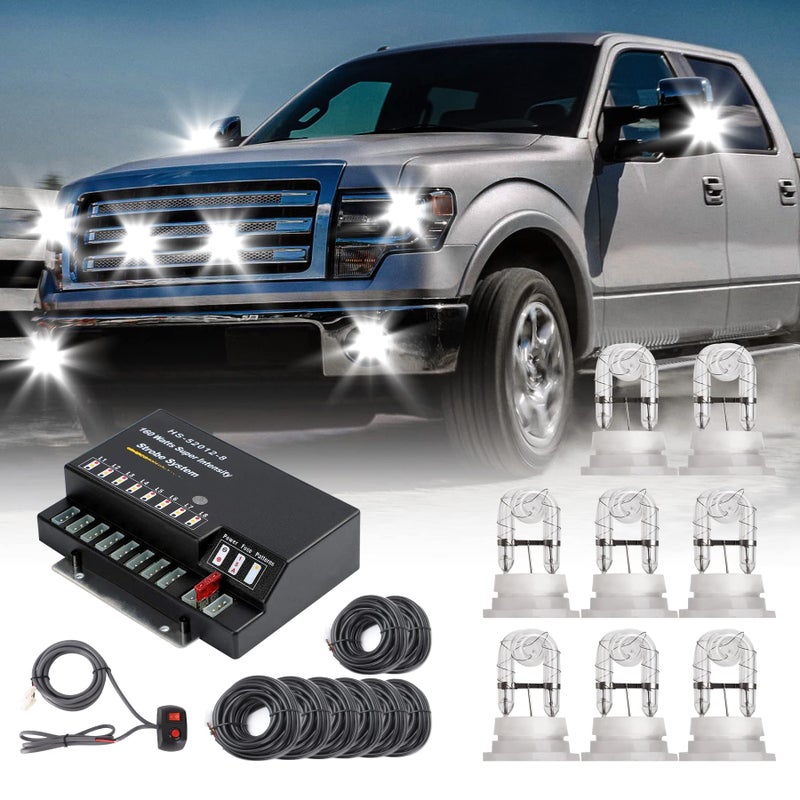 SMALLFATW Hideaway Strobe Lights Kit 8 HID Bulbs 13 Flashing Mode Memory Recall Function, 16 Feet Power Cord with Controller, Emergency Strobe Lights for Trucks Vehicles, White - Image 1